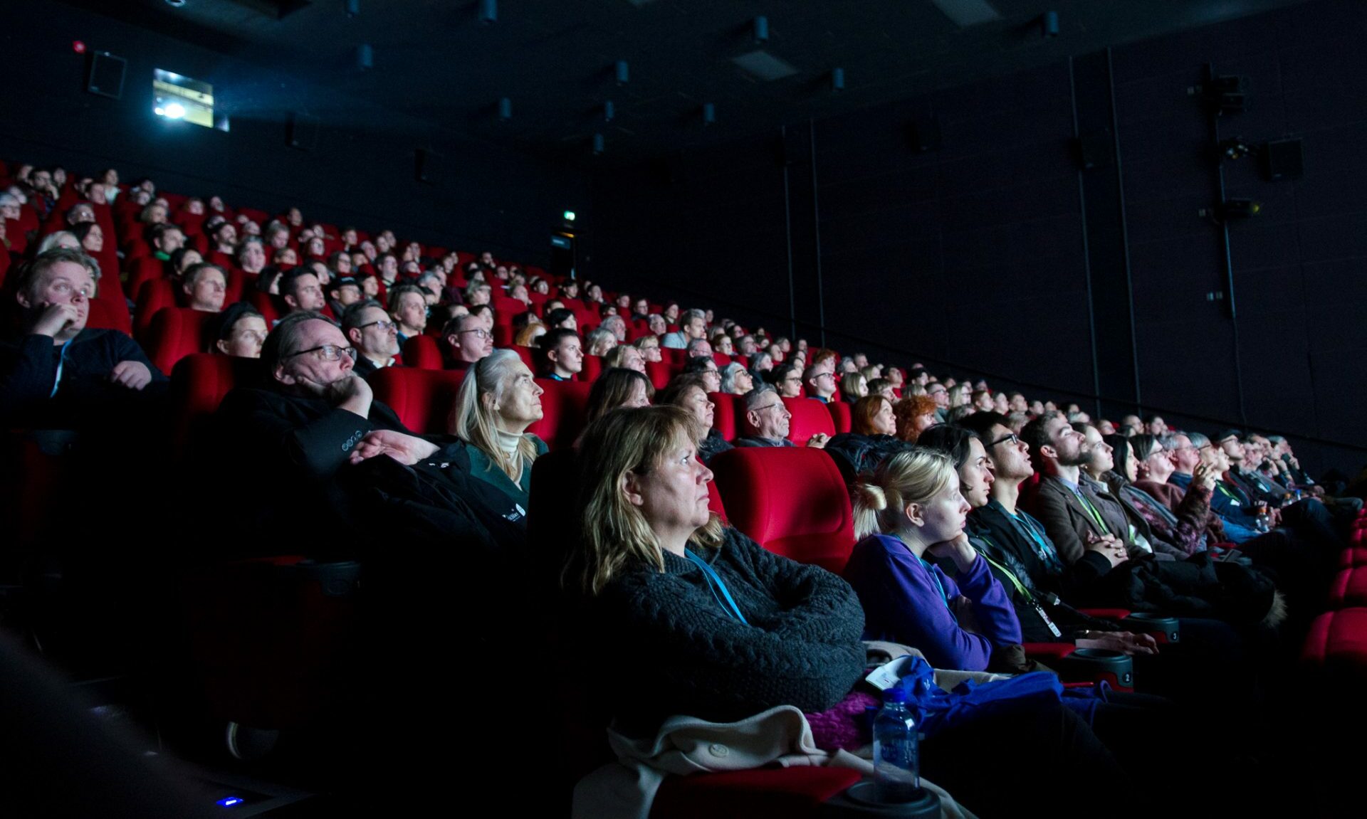 Yleisö täydessä ja pimeässä elokuvasalissa edestä päin kuvattuna valkokankaan valossa