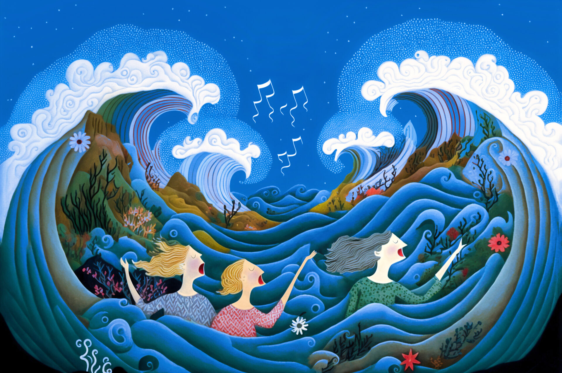 Sadunomainen piirroskuva, jossa laulavia naisia seilailee aallokossa