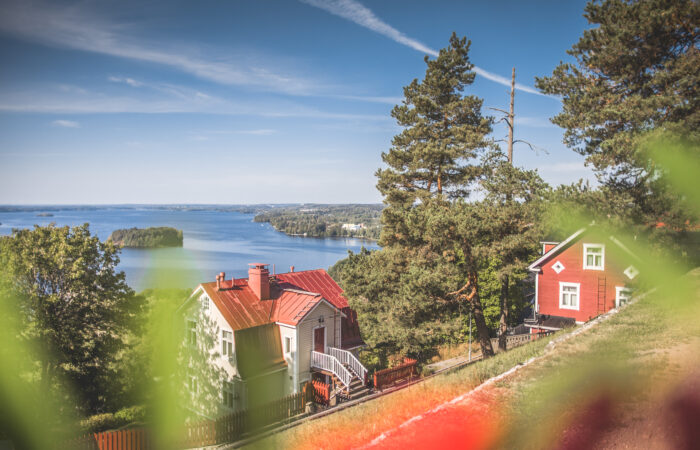 Kesäinen maisema Pispalanharjulta kuvattuna. Sininen taivas, puita, punaisia puutaloja ja Pyhäjärvi siintelee horisontissa.