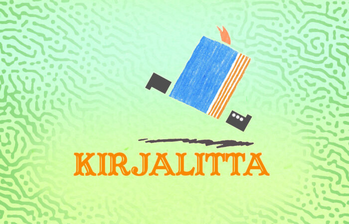 Vihreätaustainen piirroskuva, jossa kirja juoksee. Teksti: Kirjalitta