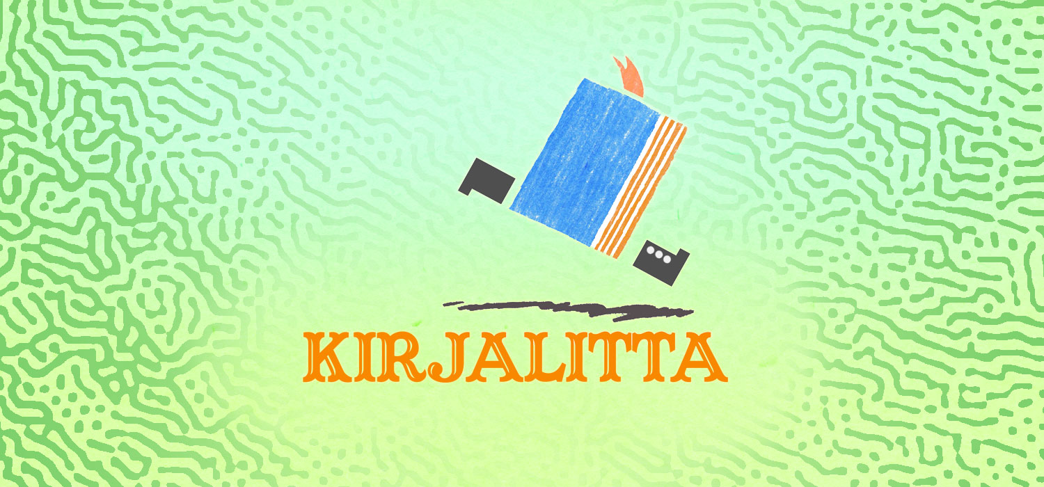 Vihreätaustainen piirroskuva, jossa kirja juoksee. Teksti: Kirjalitta