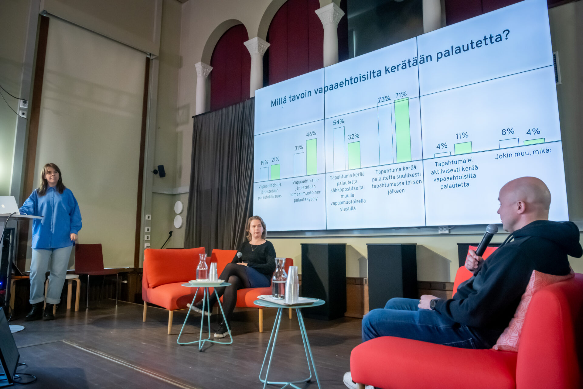 Karoliina Virtanen ja Erkki Hyöki keskustelemassa Susanna Koskimaan kanssa hankkeen päätöstilaisuudessa.